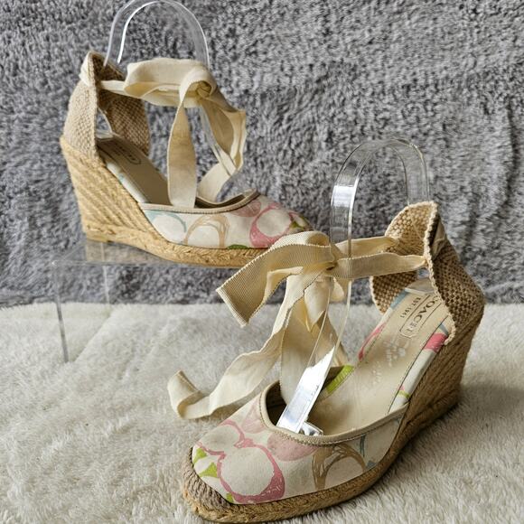 Coach Women Mindy Scribble Print Espadrille Wedge Heels Size 7M Beige Ankle‎ Tie - Picture 1 of 6